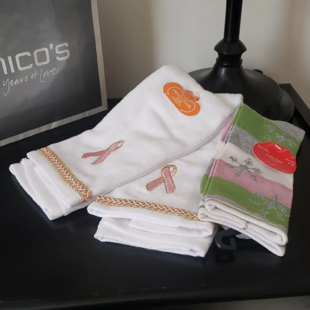 White, Pink & Gold Trim Breast Cancer Pink Ribbon Hand Towel Set & Socks - NWT